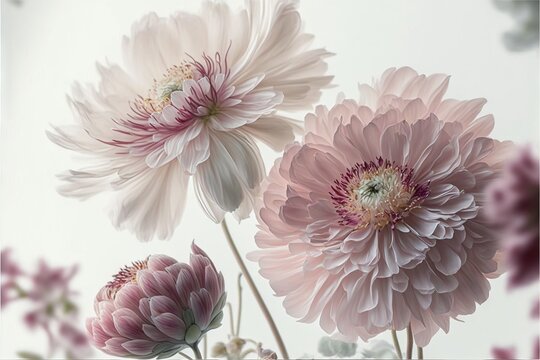  a group of flowers with a white background and a pink center flower in the middle of the picture. generative ai