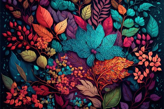  a painting of a colorful floral arrangement with leaves and flowers on a black background with a blue border around the edges. Generative AI