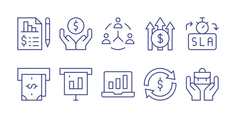 Business line icon set. Editable stroke. Vector illustration. Containing income, money, teamwork, profit, sla, investment, screening, bar chart, money transfer, job.