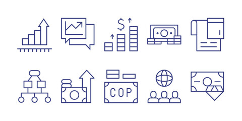 Fototapeta na wymiar Business line icon set. Editable stroke. Vector illustration. Containing bar graph, graphs, salary, target, accounting, project management, benefits, money, global, rich.