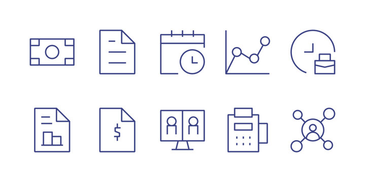 Business line icon set. Editable stroke. Vector illustration. Containing money, document, deadline, line chart, working hours, business report, online meeting, pos terminal, connection.