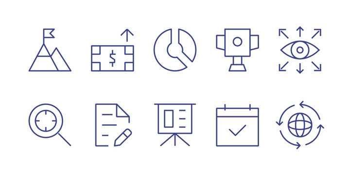 Business line icon set. Editable stroke. Vector illustration. Containing goal, profit, donut chart, achievement, shared-vision, research, contract, presentation, schedule, process.