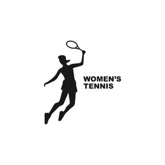 Female tennis player black silhouette. Sports logo. Athlete icon, sign or symbol. Simple vector illustration.