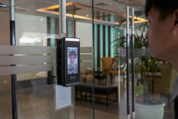 Biometric admittance control device for security system. Access control facial recognition system. Selective focus - obrazy, fototapety, plakaty