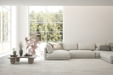 White living room with sofa and summer landscape in window. Scandinavian interior design. 3D illustration