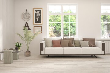 Minimalist living room in white color with sofa and summer landscape in window. Scandinavian interior design. 3D illustration