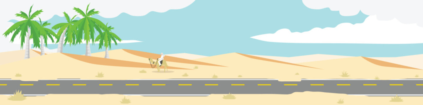 Landscape of empty asphalt on the desert. Desert background with an oasis and a camel rider. Under the blue sky and white clouds.