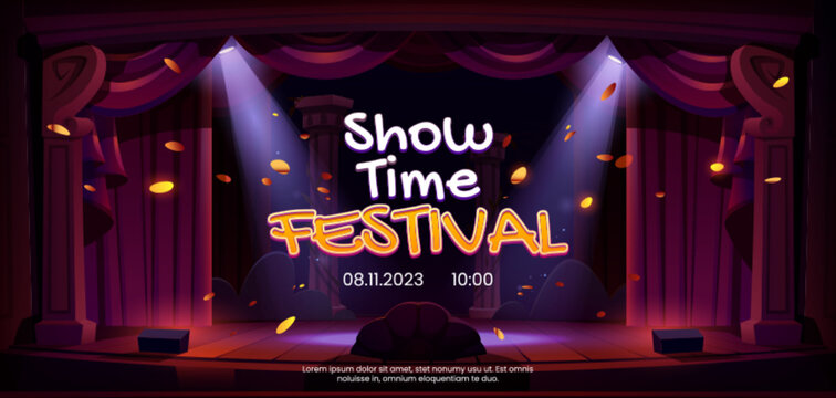 Theater event invitation template. Cartoon vector illustration of lettering on stage background decorated with classical red curtains, illuminated by spotlight beams. Art show or concert announcement