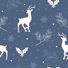 Fototapeta na wymiar Seamless christmas pattern with reindeers and snowflakes. Beautiful winter or New Year background. Vector illustration in flat cartoon style. Perfect for fabric, package paper, wallpaper, textile.