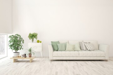 White living room with sofa. Scandinavian interior design. 3D illustration