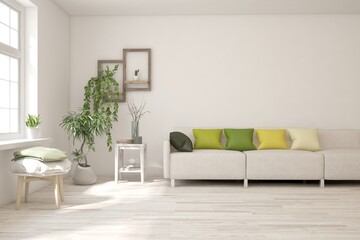 White living room with sofa. Scandinavian interior design. 3D illustration