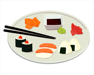 Vector illustration of  big ceramic plate with traditional japanese food. Asian cuisune