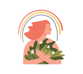 Mental health icon, the concept of psychological balance, helping teenagers, a happy girl with a rainbow and flowers, a symbol of a prosperous life. Vector illustration isolated on white background.