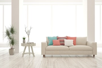 Fototapeta premium White living room with sofa. Scandinavian interior design. 3D illustration
