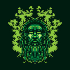 VECTOR GUY WITH CANNABIS WEED BEARD GREEN SMOKE 
