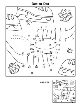 Hockey stick and puck dot-to-dot picture puzzle and coloring page activity sheet
