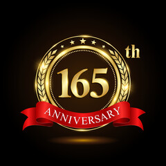 165th Anniversary. Golden Anniversary Emblem Design with shiny ring and red ribbon, Laurel wrath isolated on black background. Logo Vector Illustration