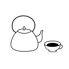 Doodle kettle and cup with tea. Cute vector illustration isolated on white.