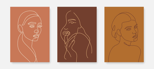 Abstract Line Art Creative Wall Art Set with Woman Face. Female Artistic Backgrounds One Line Trendy Style for Wall Decor, Postcards or Covers, Prints, Posters. Vector Illustration.