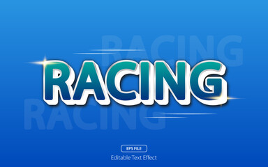 Racing editable text effect with bold font, blue, green and white colors on blue gradient background. Vector illustration