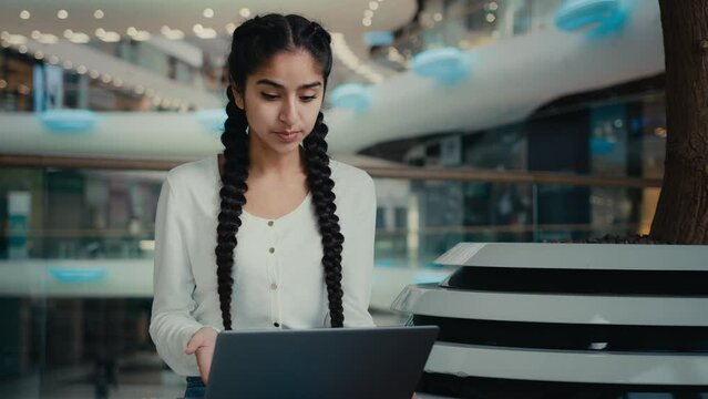 Woman young student arabian hispanic businesswoman freelancer pretty millennial girl use computer video conference app converse online business briefing talk with distant friend internet communication