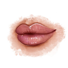 Watercolor pink lips on a transparent background