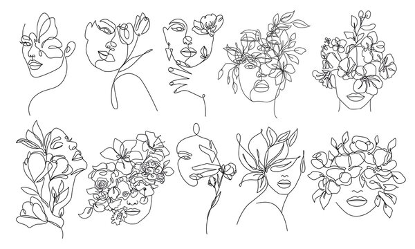 Woman Face with Flowers Line Art Drawing Set. Fashion Female Portrait Minimalist Style. Woman with Flowers Drawing for Cosmetics. Continuous Line Art Fashion Minimal Print. Beauty Logo. Vector EPS 10