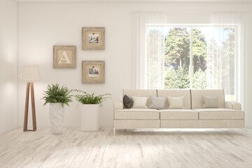 White living room with sofa and summer landscape in window. Scandinavian interior design. 3D illustration