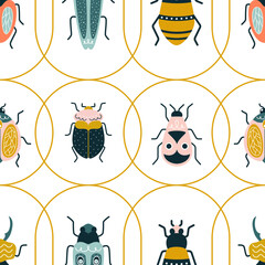 Cute colorful bugs in yellow circles in art deco style. Vector seamless pattern with Beatles in art deco style - obrazy, fototapety, plakaty