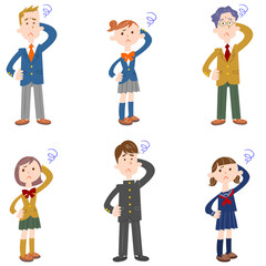 困った表情の制服姿の男子学生と女子学生のセット
