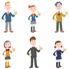 サムズアップする制服姿の男子学生と女子学生のセット
