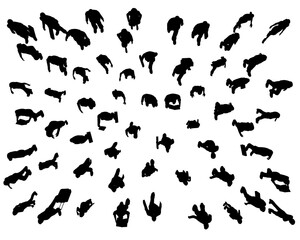 Silhouette of a crowd of people in different positions isolated on a white background. People walk together. View from above. Vector illustration.