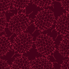 Seamless texture with contours of red raspberries isolated on a dark background. Vector illustration.