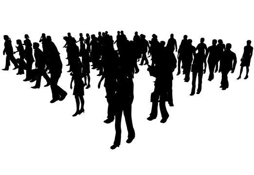 Silhouette of a crowd of people in different positions isolated on a white background. People walk together. Perspective view. Vector illustration.