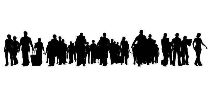 Silhouette of a crowd of people in different positions isolated on a white background. People walk together. Front view. Vector illustration.