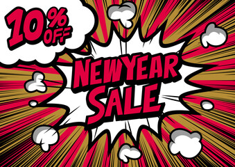 10%off New Year Sale retro typography pop art background, an explosion in comic book style.