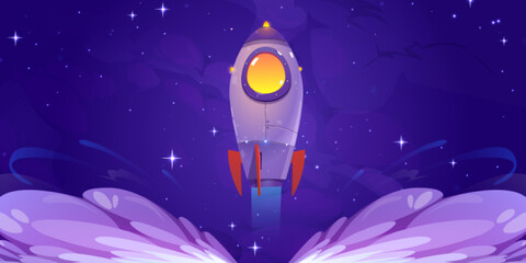 Rocket launch. Futuristic spaceship flying up from planet with smoke clouds on background of night sky with stars. Fantasy cosmos poster with space ship, vector cartoon illustration