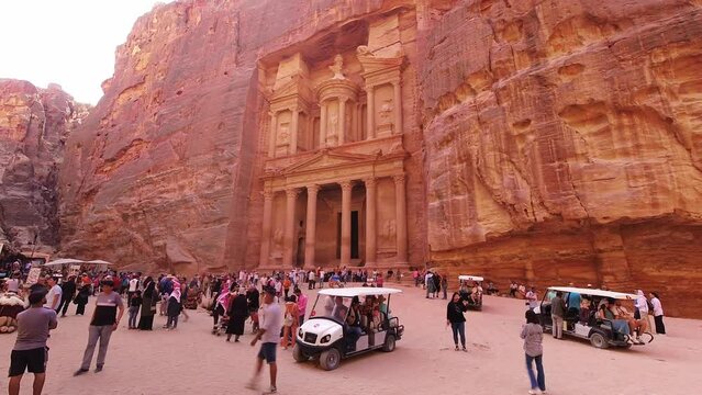 Petra, Jordan - 7th october, 2022 : Al Khazneh - the treasury, ancient city of Petra, Jordan. Petra's treasure built 1st century BC. by the Nabatean king Aretas III