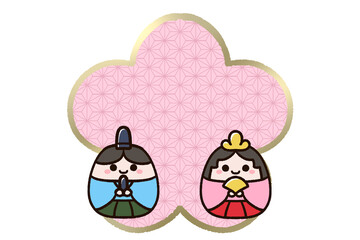 ひな人形と梅の花のフレーム背景