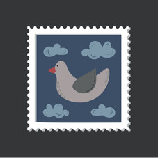Hand drawn cute bird postage stamp isolated on blue background.