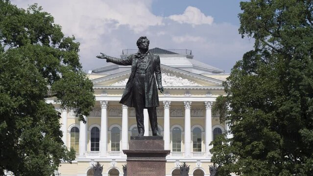 Monument to Alexander Pushkin on Ploshchad Iskusstv (Arts Square) in front of the Russian Museum ( Mikhailovsky Palace) in St.-Petersburg, Russia