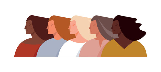 Portrait of women of different nationalities and ages, sisterhood, girl strength, March 8, female friendship and support. Flat illustration isolated on white background.