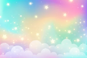 Tuinposter Rainbow unicorn background with clouds and stars. Pastel color sky. Magical landscape, abstract fabulous pattern. Cute candy wallpaper. Vector. © Chorna_L