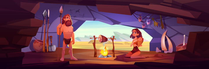 Ancient cave people, prehistoric age human family. Primitive tribe characters, man with spear, woman with baby in cave with fire, cooked meat, bones and weapons, vector cartoon illustration