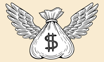 money bag with wings, money flying hand drawn vector illustration
