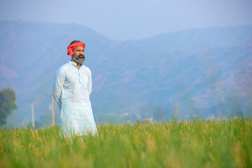 Indian farmer standing at onion agriculture field.