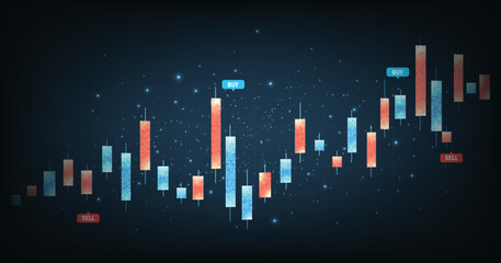 Trading stock market concept. Business candle stick graph chart of stock market investment trading on dark blue background.