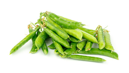 A bunch of green young pea pods on a white background.