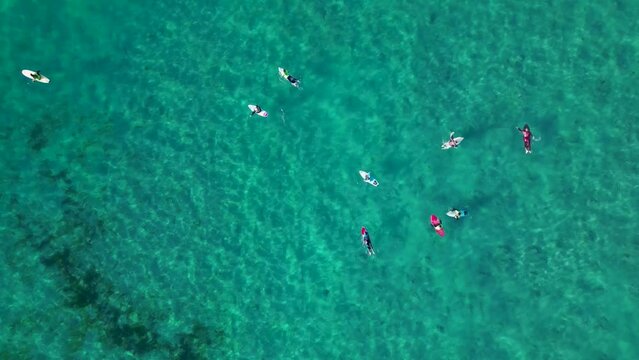 Surfers On Sea Waves Of Tropical Beach Of Caion In Galicia, Spain. Aerial Topdown