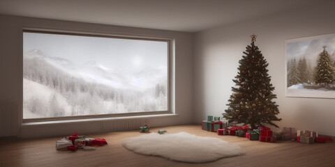 living room with christmas tree - generative ai illustration